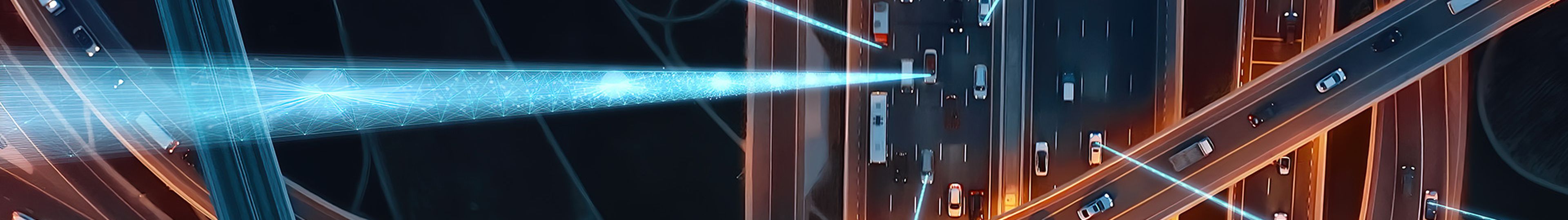 Birds-eye view of motorway at night with abstract graphic to signify connections and data.