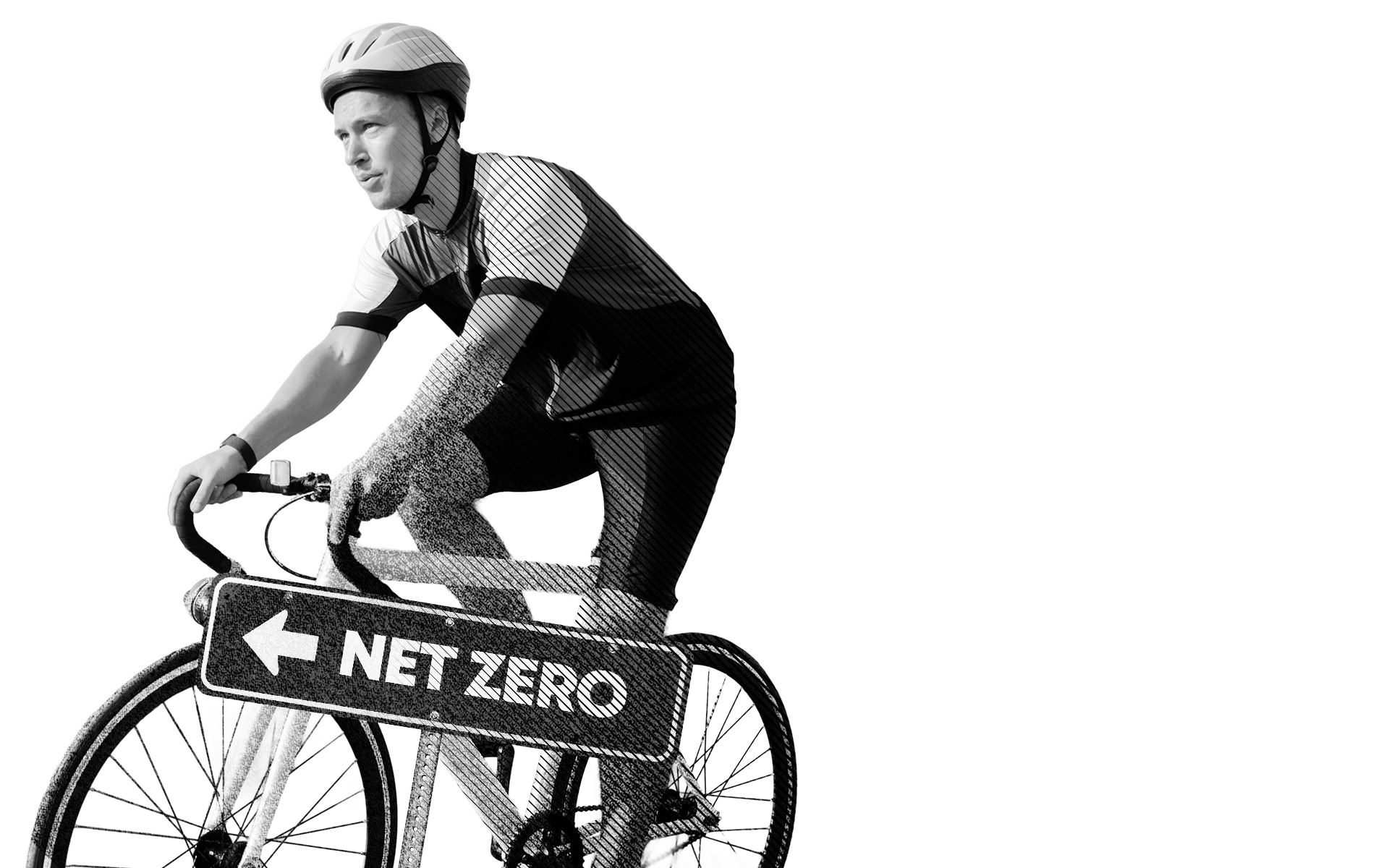 Man on bike riding towards Net Zero.
