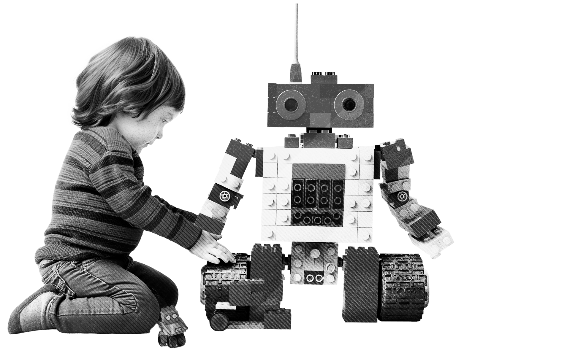 A black and white image of a Young child building a robot from blocks