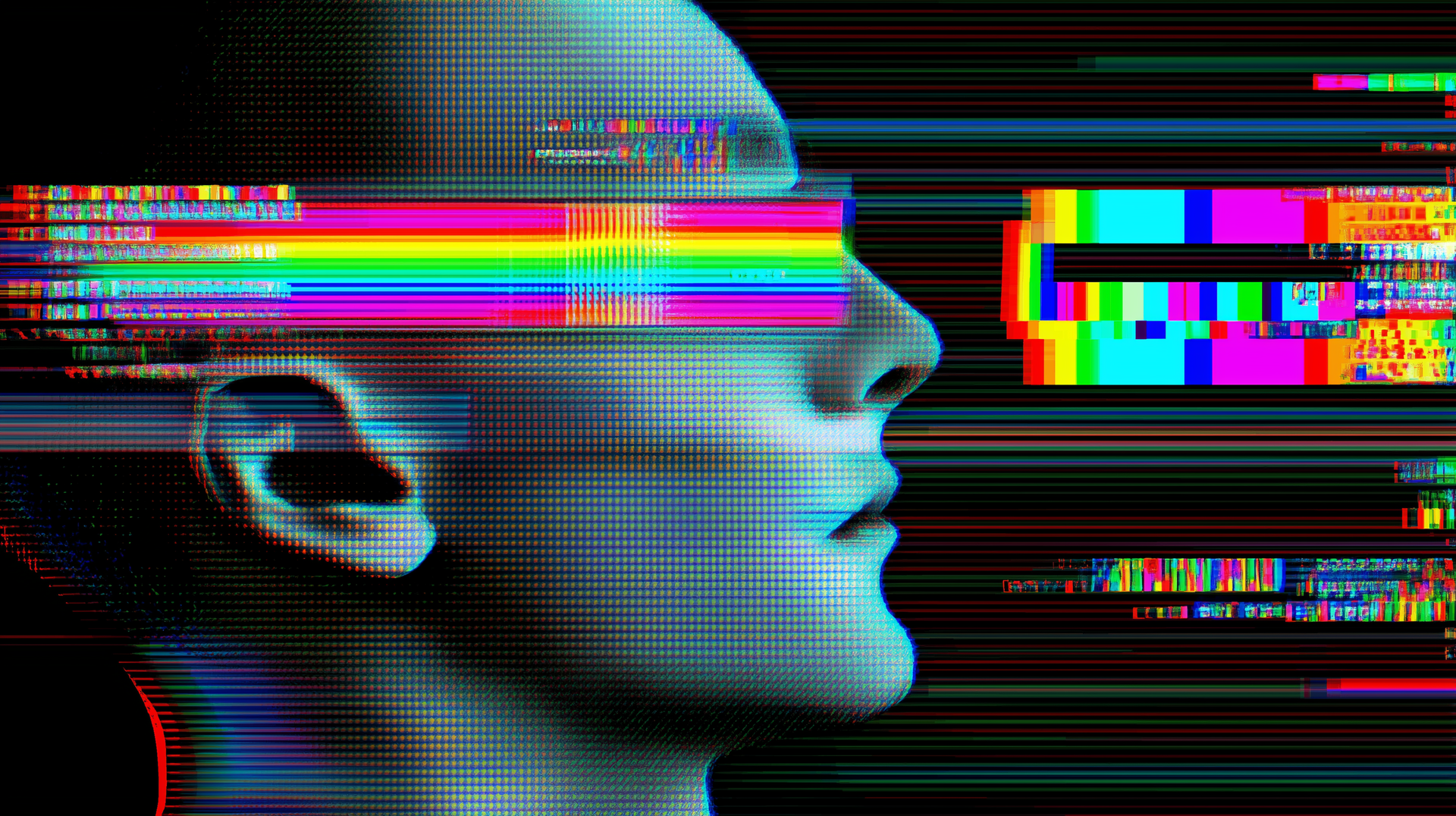 human head side profile overlaid with rainbow glitch effects