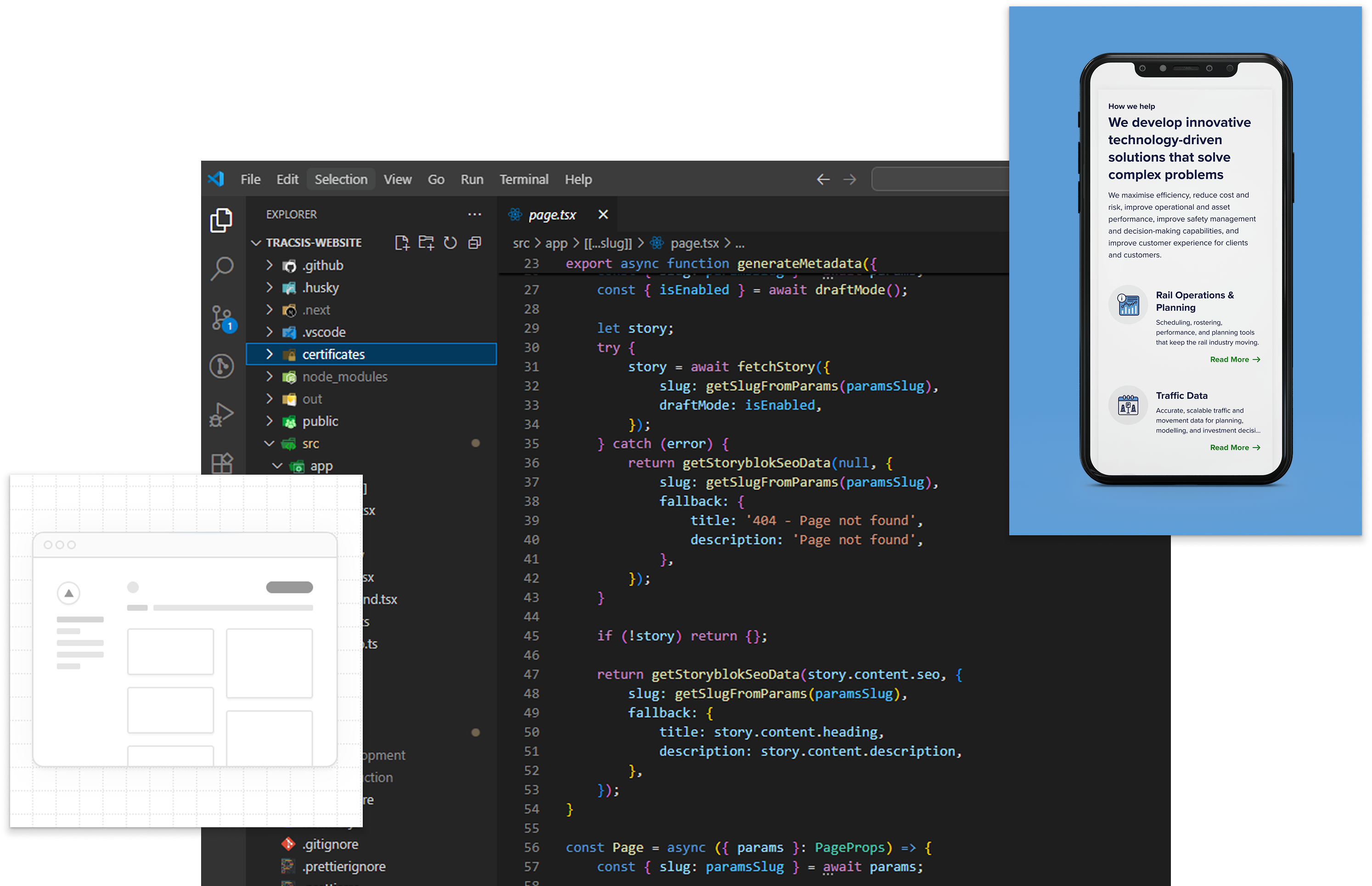 A computer screen displaying code in a text editor, a smartphone showing a webpage, and a wireframe sketch of a website layout.