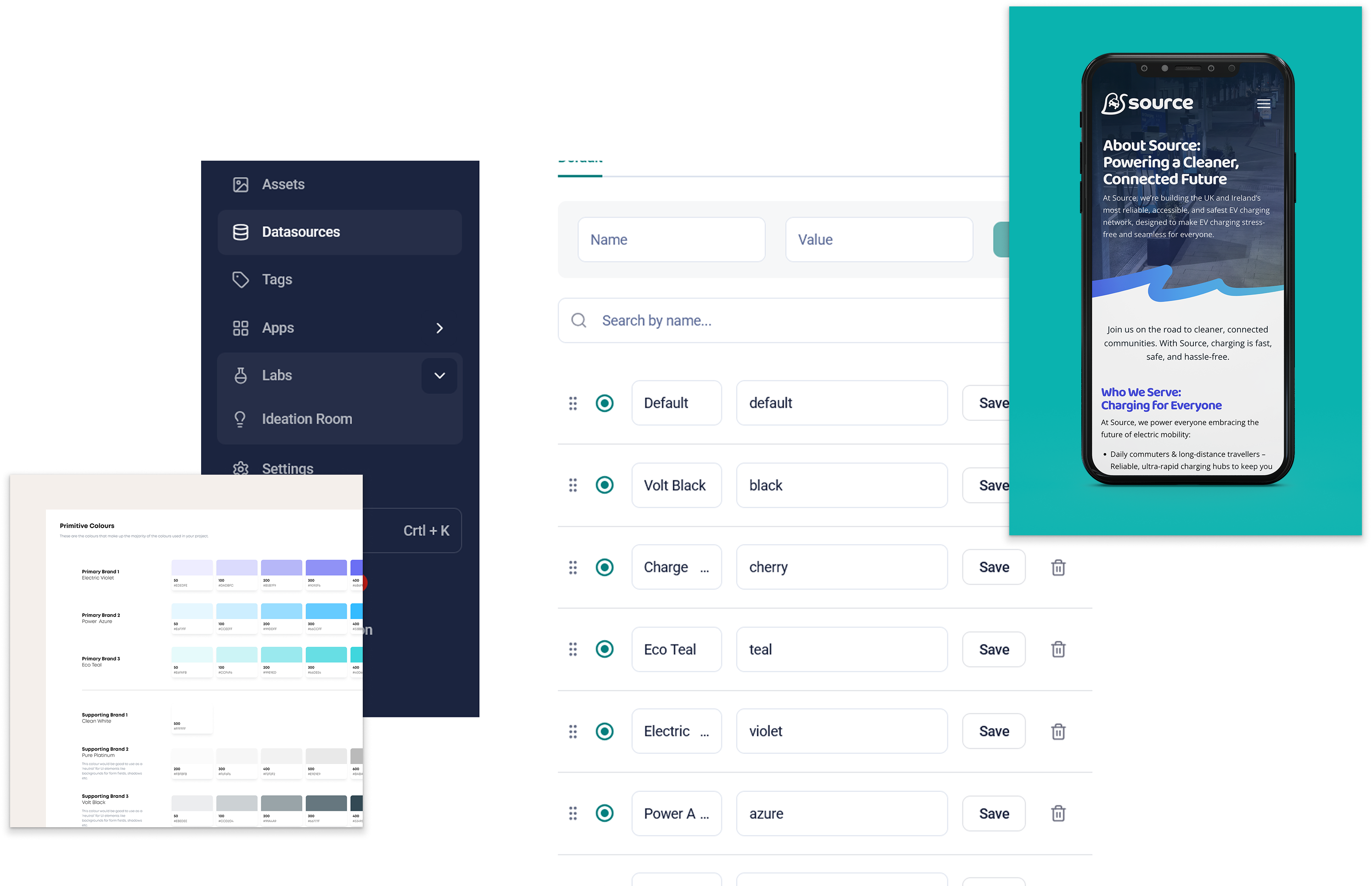 A digital interface displaying a software dashboard with menus, color options, and a highlighted mobile app screen.