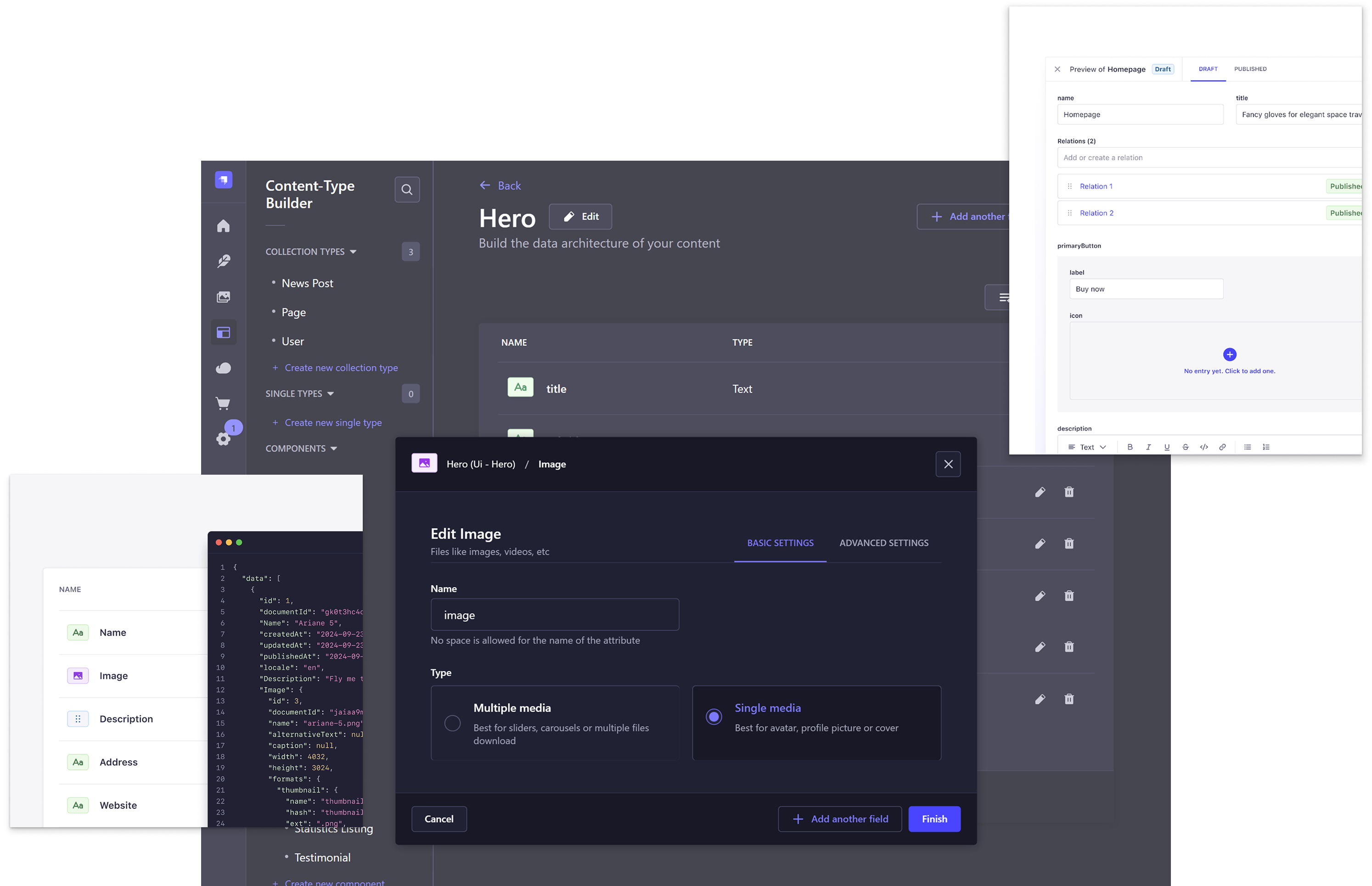 A digital interface showcasing a content management system with various editing and configuration panels on a dark-themed background.