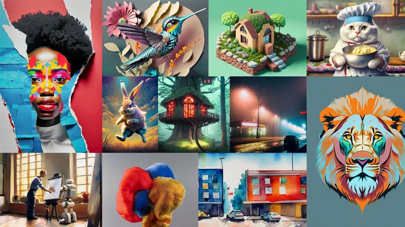 A collection of pictures generated by AI of people and animals.