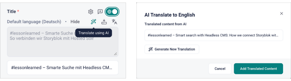 2 Einstellungsfenster zur Aktivierung der KI-Übersetzungen in Storyblok