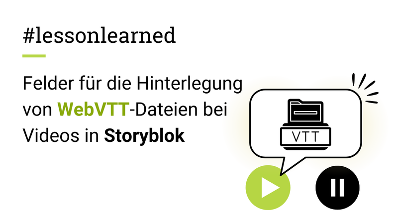 Grafik mit dem Titel "#lessonlearned – Felder für die Hinterlegung von WebVTT-Dateien bei Videos in Storyblok" und einer Grafik eines Start- und eines Play-Buttons mit einer Sprechblase darüber. Darin ein Bild einer VTT-Datei
