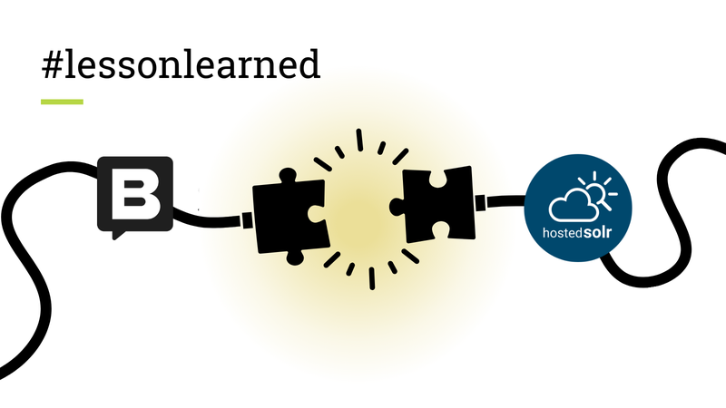 Grafik von Kabeln mit Puzzle-Verbindungsstücken, eines davon mit Storyblok-Logo, das andere mit Hosted Solr-Logo