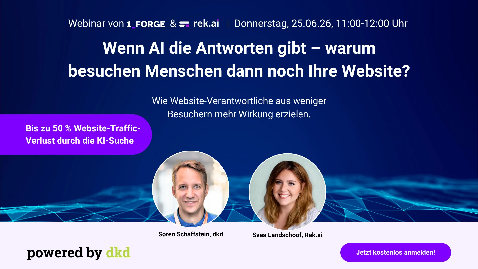 Grafik in dunklem Blau gehalten mit zwei Fotos der Speaker als Werbung für ein Webinar