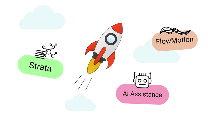 Rakete fliegt gen Himmel. Daneben drei farbige Flecken mit der Beschriftung Strata, FlowMotion und AI Assistance