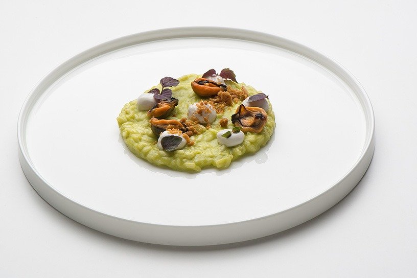 Risotto asparagi cozze e crumble di Parmigiano