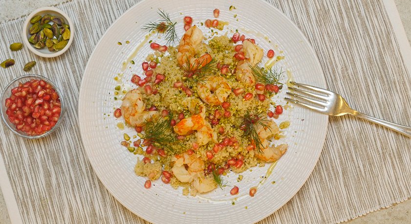 Cous cous con gamberi rossi, pistacchi e melograno