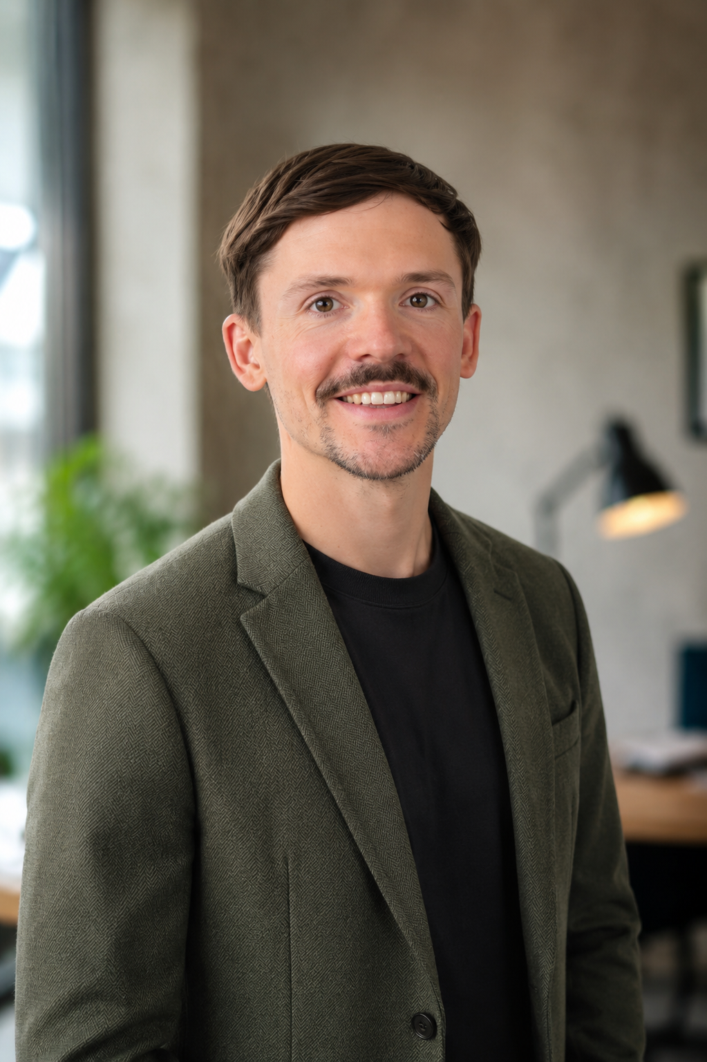 A smiling man with short dark hair and a mustache wearing a dark green blazer and black shirt, standing in a modern office setting.