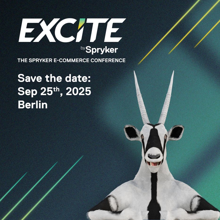Excite by Spryker e-commerce conference poster featuring a goat with long horns, scheduled for Sep 25, 2025, in Berlin.