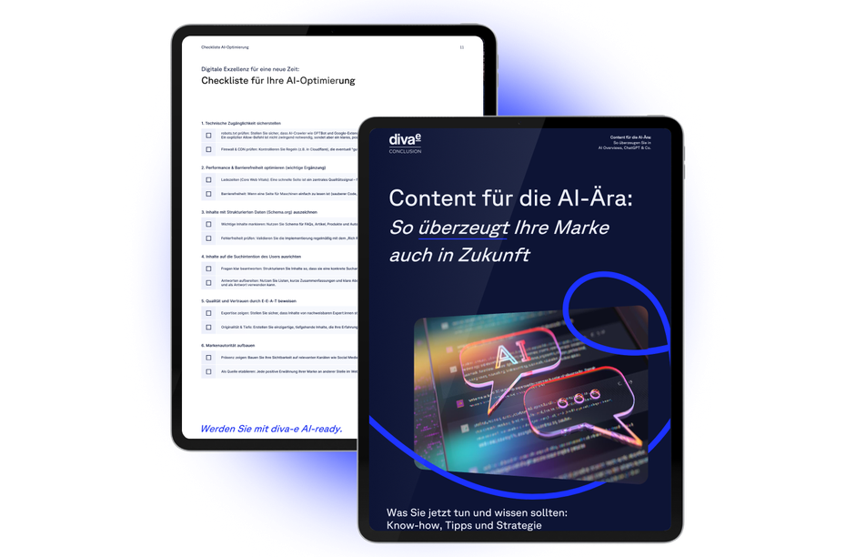 Two digital tablets display German text about AI optimization and branding strategies, featuring a checklist and colorful AI-themed graphics.