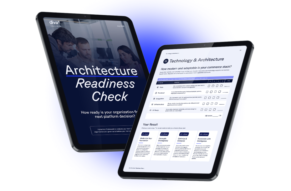 Two digital tablets display "Architecture Readiness Check" and a technology assessment form about adaptability in commerce stacks.