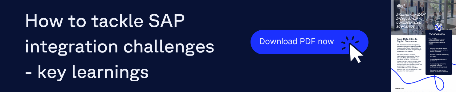 Banner with text "How to tackle SAP integration challenges - key learnings" and a clickable button "Download PDF now" on a dark blue background.