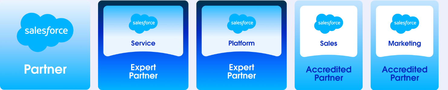 Salesforce partner badges: Partner, Expert Partner (Service, Platform), Accredited Partner (Sales, Marketing). Blue cloud logos on gradient backgrounds.