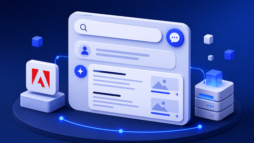 3D illustration of a digital interface with search, user icons, and server stack, set on a blue gradient background with floating cubes.