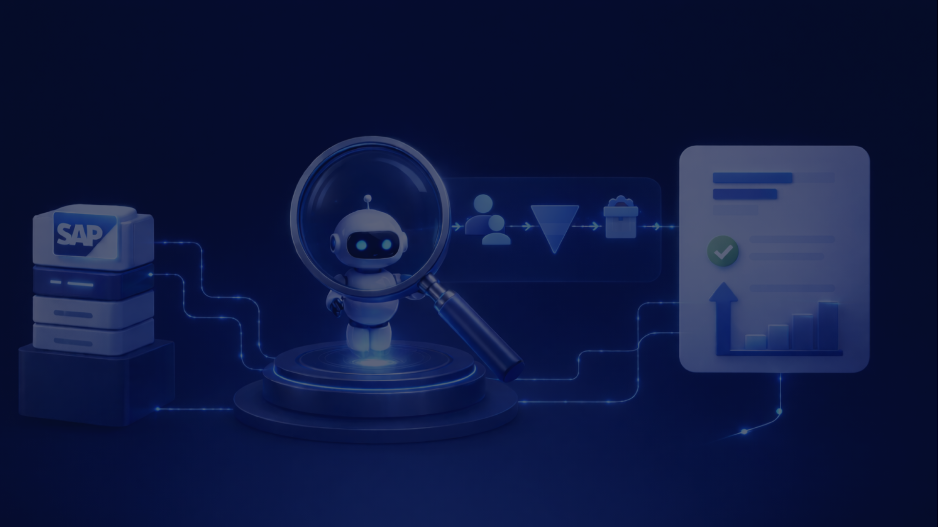 Illustration of a robot with a magnifying glass, SAP logo, and connected flowchart depicting data analysis and technology integration.