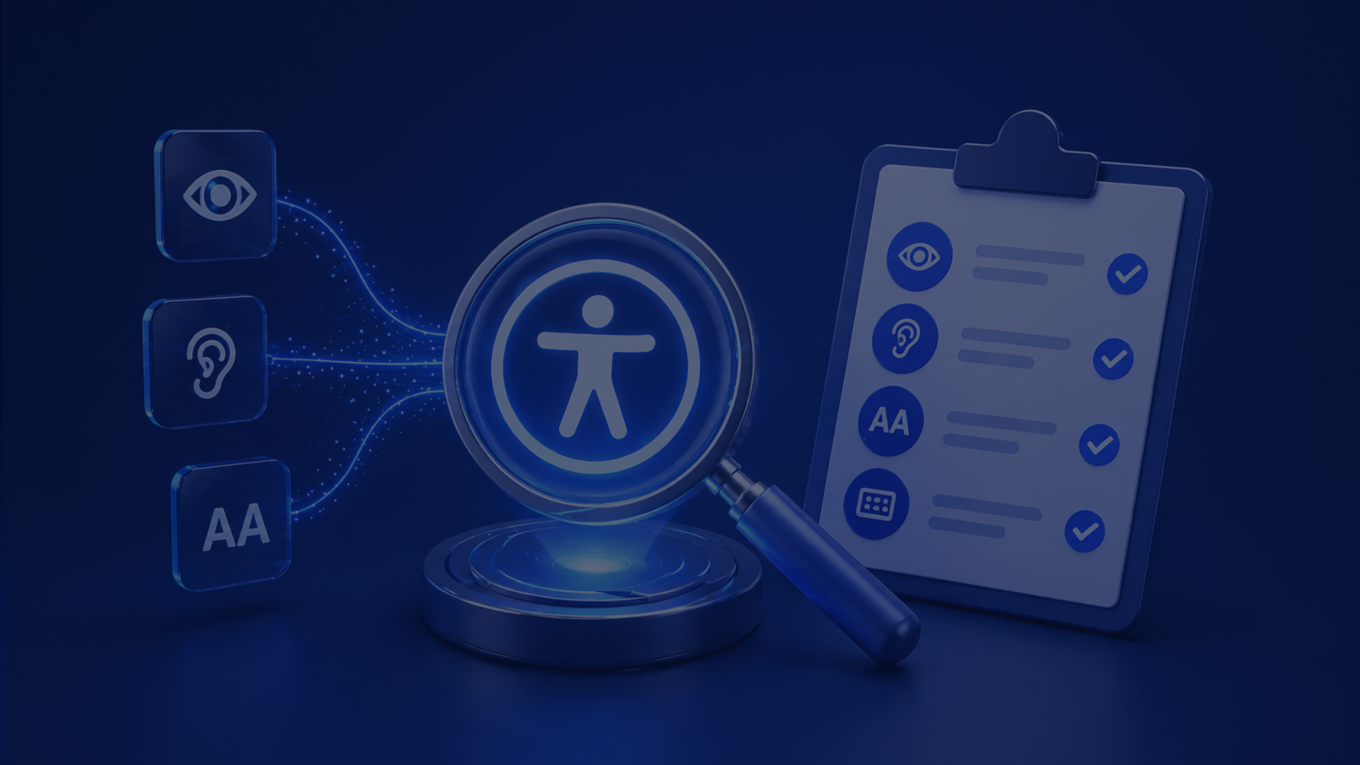 Magnifying glass over accessibility icons; vision, hearing, and text size, with a checklist on a clipboard. Blue background.