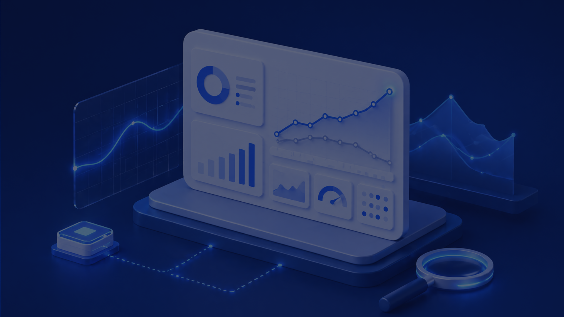 Digital dashboard with graphs and charts on a 3D display, accompanied by a magnifying glass, symbolizing data analysis.