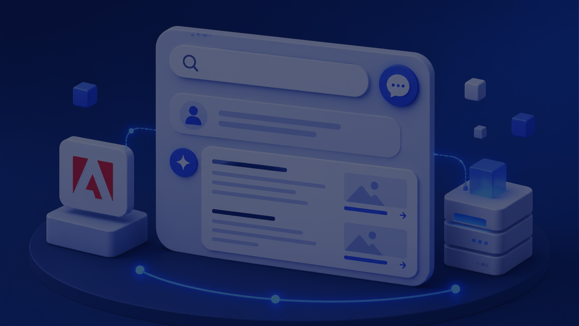 3D illustration of a digital interface with search and chat icons, connected to tech modules, with an Adobe logo on one side, on a dark blue background.