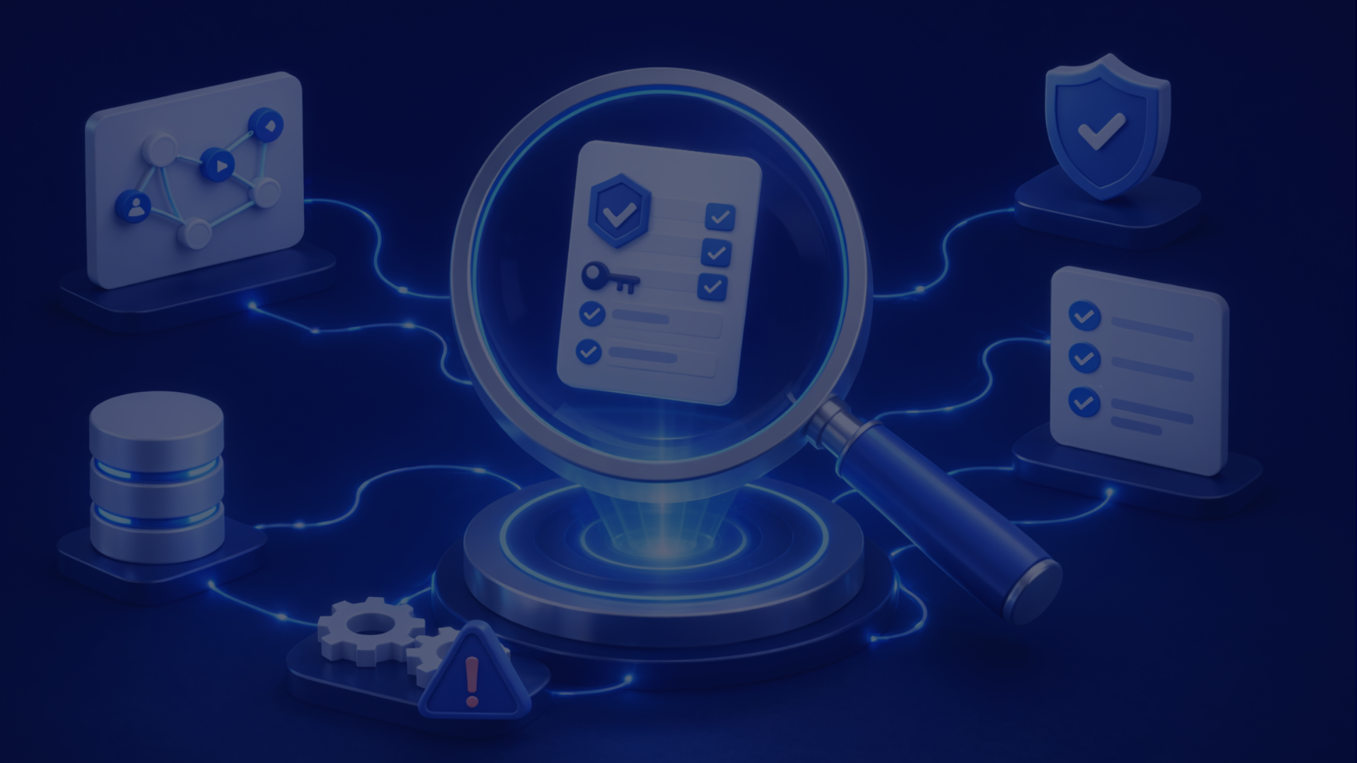 Magnifying glass over a checklist, surrounded by technology icons like databases and a shield, connected by glowing lines on a dark background.