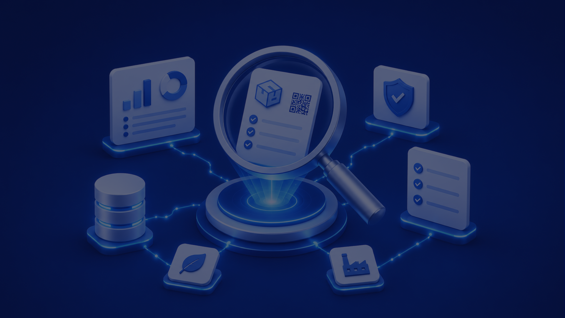A futuristic digital network showing data icons, graphs, a magnifying glass, and security symbols, all connected against a blue background.