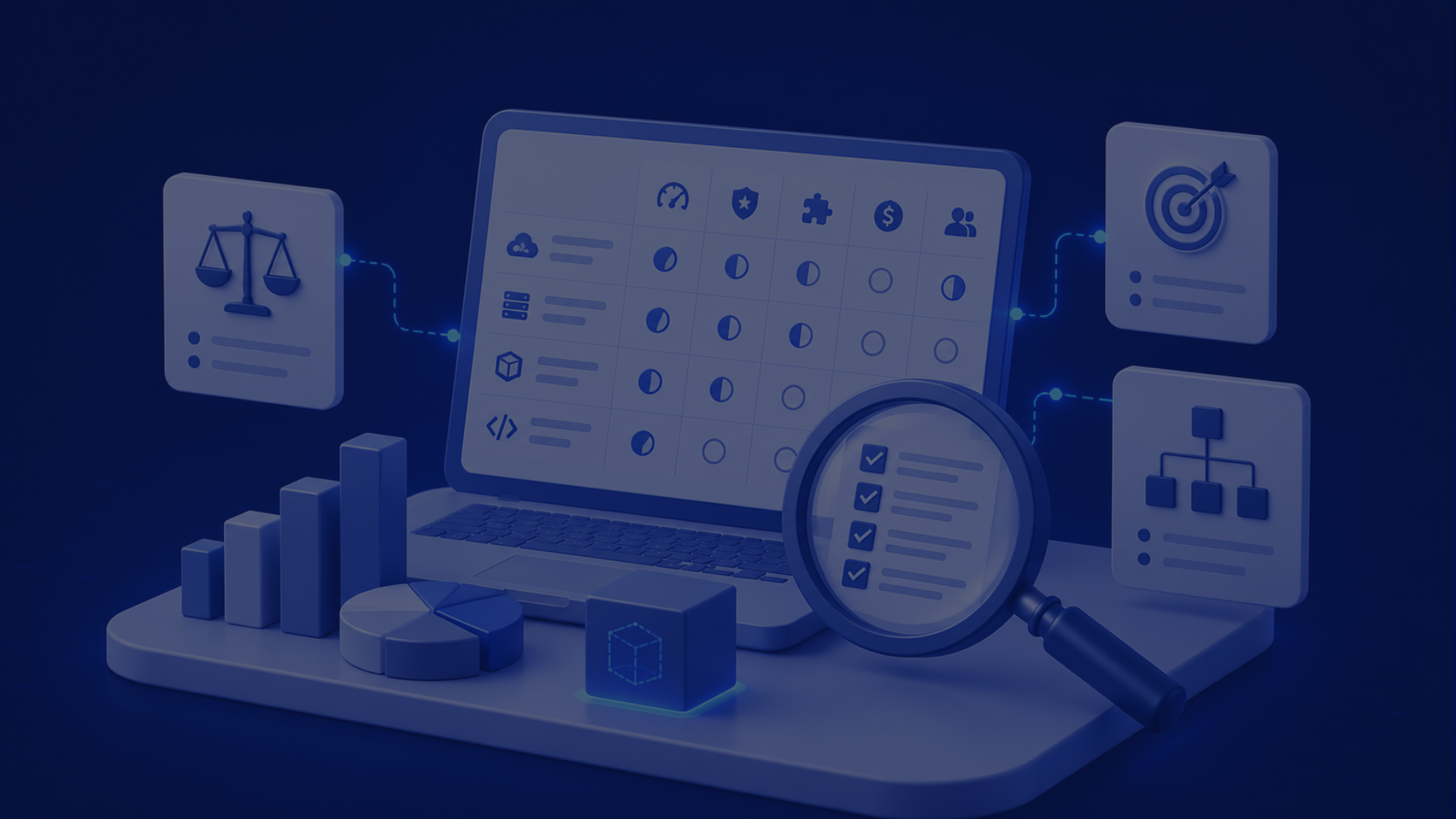 A digital illustration of a laptop displaying graphs and charts, surrounded by icons representing data analysis, strategy, and technology concepts.
