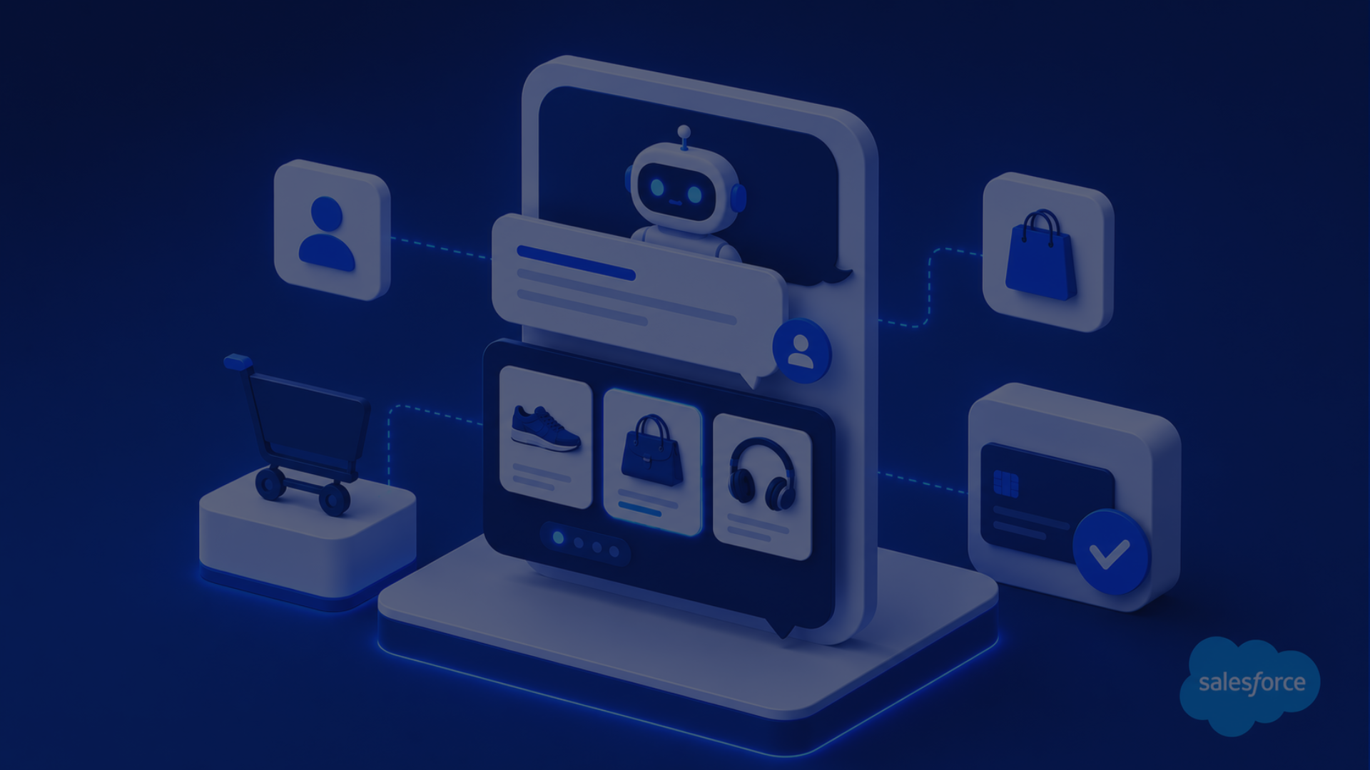 3D illustration of an online shopping platform with chatbot, products, cart, and payment icons on a dark blue background.