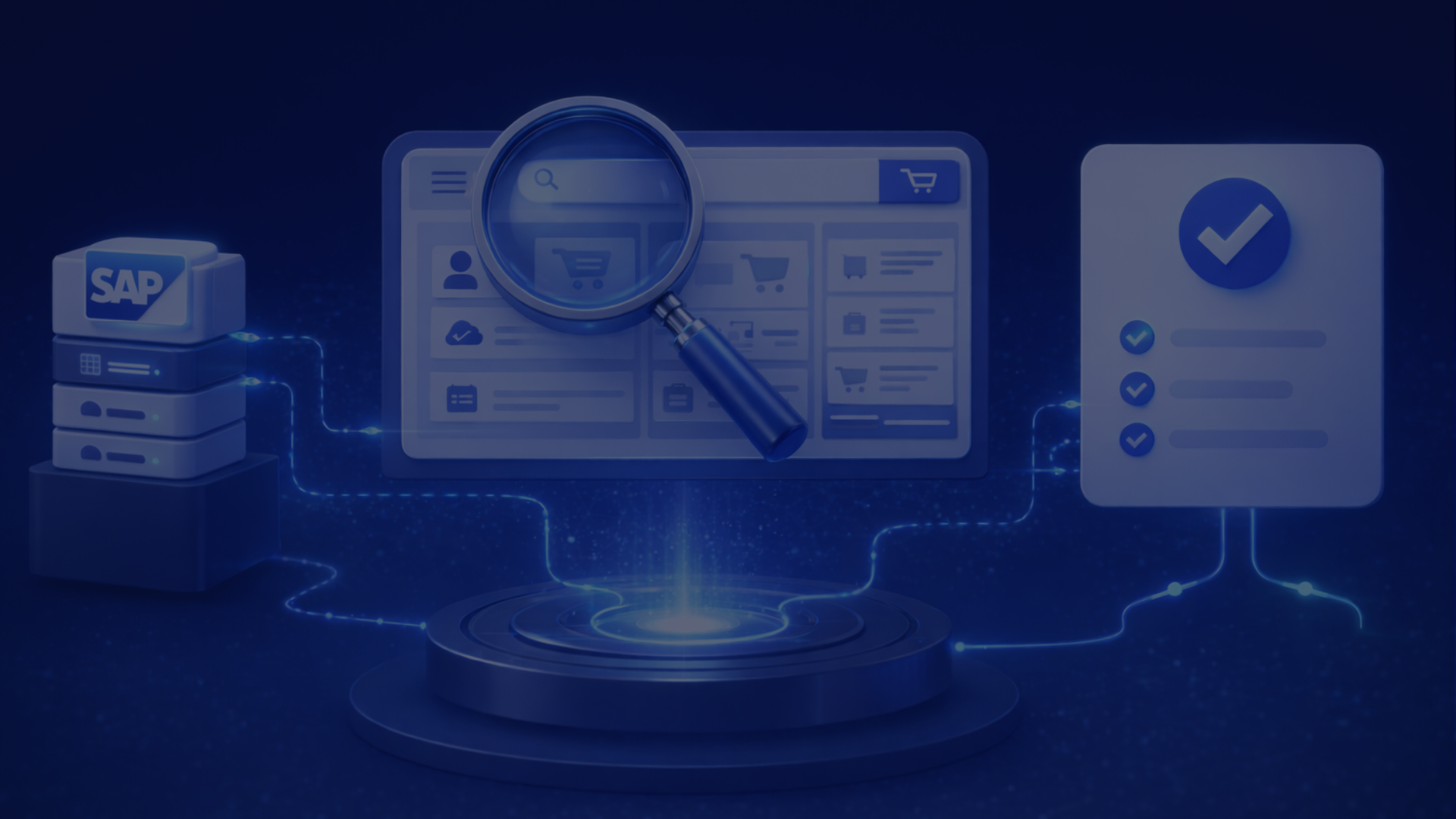 Magnifying glass over digital dashboard with SAP logo, data nodes, and checklist on a futuristic blue background.