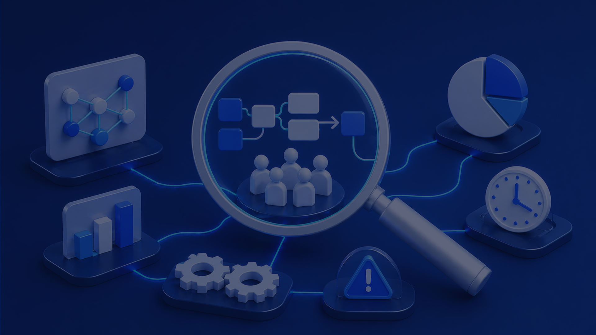 Magnifying glass focusing on figures and flowchart, surrounded by icons: graphs, gears, pie chart, clock, and alert symbol, connected with lines.