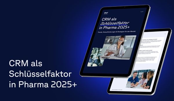 Two tablets display a document titled "CRM als Schlüsselfaktor in Pharma 2025+" with images of professionals and text.