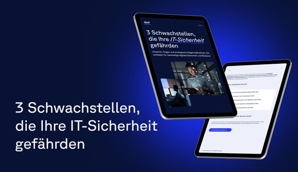 Two tablets display a website about IT security vulnerabilities. The text reads, "3 Schwachstellen, die Ihre IT-Sicherheit gefährden."