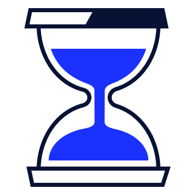 A blue and white hourglass icon with a stylized, minimalist design.