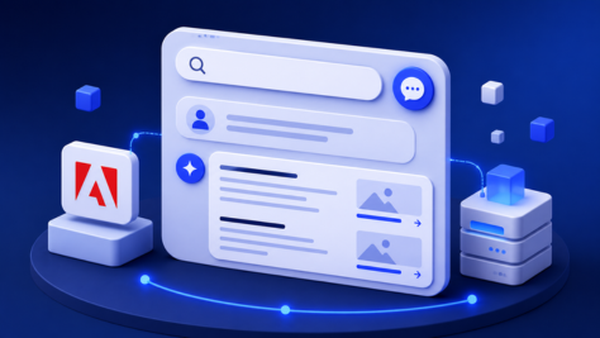 Digital design showing an abstract representation of a user interface with search, profiles, images, and Adobe logo on a dark blue background.