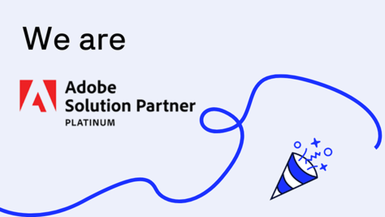 "Adobe Solution Partner Platinum logo with text 'We are' and a blue celebratory party popper on a light gray background."
