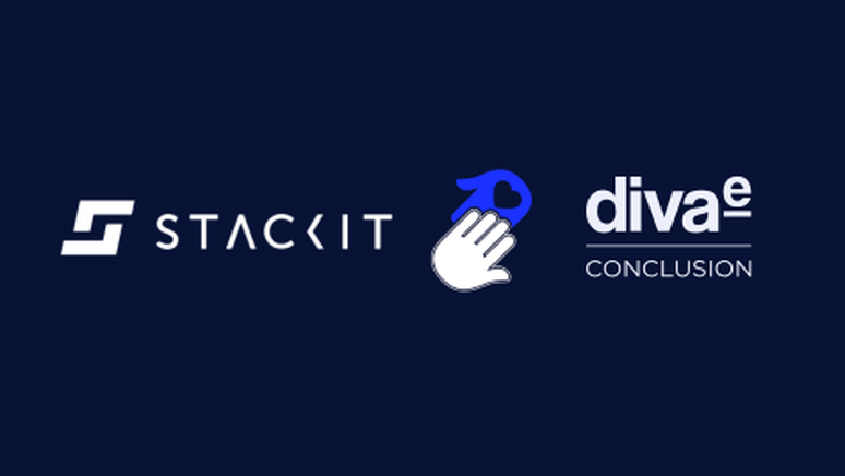 Logos of STACKIT and diva-e Conclusion with a hand and heart icon in between on a dark blue background.