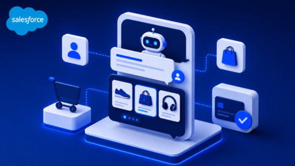 Futuristic e-commerce interface with AI robot, shopping icons, and Salesforce logo on a dark blue background.