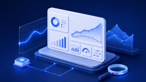 Digital dashboard with graphs and charts on a 3D display, accompanied by a magnifying glass, symbolizing data analysis.