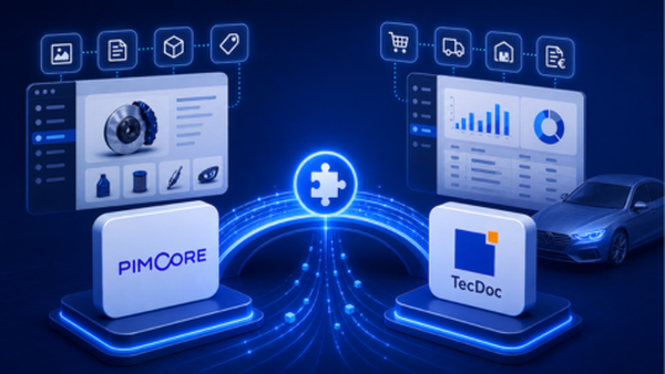 Digital integration concept with Pimcore, TecDoc logos, automotive icons, and symbols for data connectivity, against a dark background.