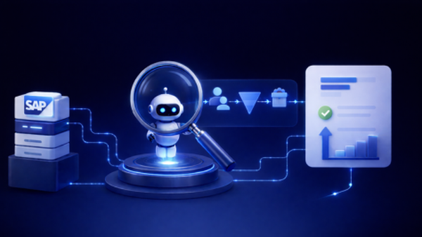 A robot with a magnifying glass analyzes data between a server labeled "SAP" and a document showing a chart with an upward arrow.