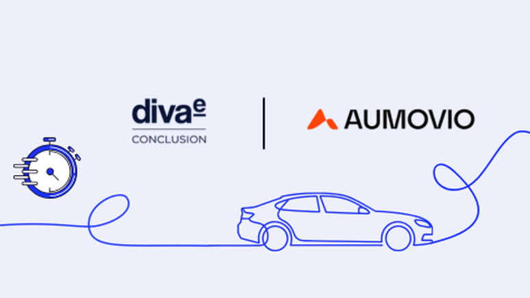 Logos of Diva-e Conclusion and Aumovio separated by a vertical line, with a blue line drawing of a car and a stopwatch icon.