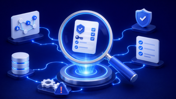 Magnifying glass highlighting a document with checkboxes, surrounded by icons of a database, shield, gear, and network on a dark blue background.