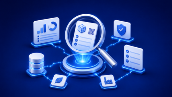 A futuristic digital network showing data icons, graphs, a magnifying glass, and security symbols, all connected against a blue background.