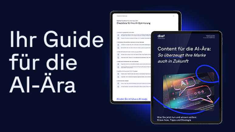 Digital guides titled "Ihr Guide für die AI-Ära" and "Content für die AI-Ära" displayed on a tablet and document against a dark background.