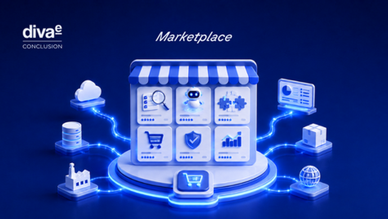 Digital marketplace concept with a storefront, icons representing various services, and neon lines connecting to data clouds and analytics symbols.