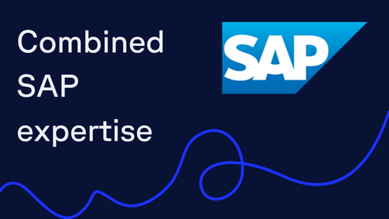 Text "Combined SAP expertise" with SAP logo on a dark blue background and a wavy blue line design.