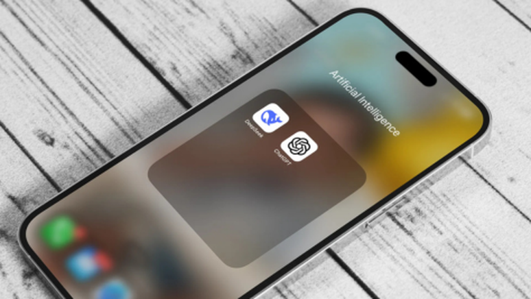 Smartphone displaying an "Artificial Intelligence" folder with two app icons on a wooden surface.