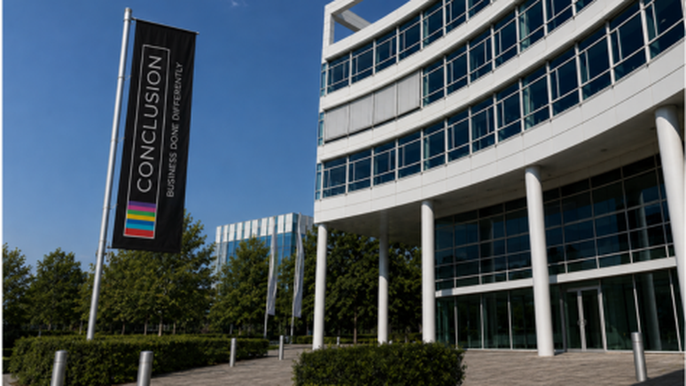 Modern office building with large windows and a banner reading "CONCLUSION: Business Done Differently." Trees line the entrance under a clear blue sky.